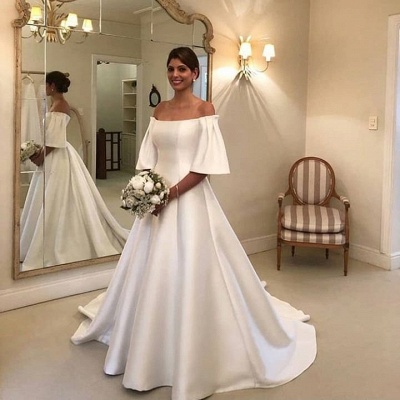 Gorgeous Off The Shoulder Backless A Line Wedding Dresses With Sweep Train_2