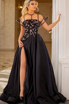 Strapless Sleeveless Site Slit Peated  Crystal A Line Prom Dress_1