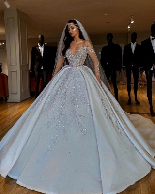 Luxury Jewel Long Sleeve Crystal Beaded Pleated Ball Gown Wedding Dresses_3