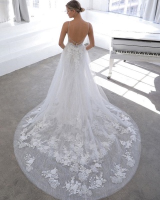 Simple Style Spaghetti Strap V Neck Applique Detachable Skirt Lace Sheath Wedding Dresses_5