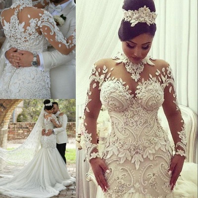 High Neck Lace Appliques Mermaid Wedding Dresses with Long Sleeves_4