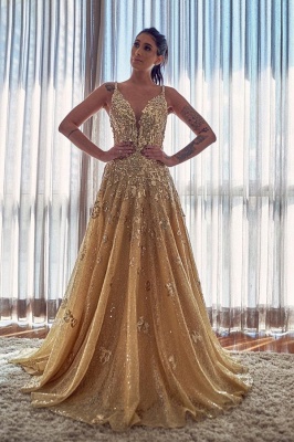 Gold Spaghetti Strap Applique A Line Prom Dresses | V Neck Crystal Sequin  Long Evening Dresses_1