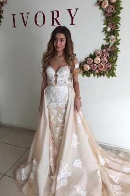 Sweetheart Cap Sleeve Applique Sheath Tulle Wedding Dresses With Detachable Skirt_1
