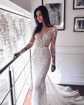 Sparkly Jewel Long Sleeve Applique Crystal Sequin Sash Sheath Floor Length  Tulle A Line Wedding Dresses_2