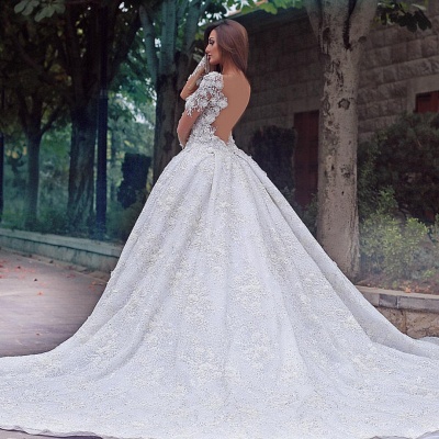 Long Sleeve Jewel Lace Crystal Wedding Dresses | A Line Backless Wedding Gown_3