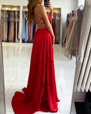 Sexy Red Straps V Neck Side Slit Pleated Floor Length A Line Prom Dresses_4