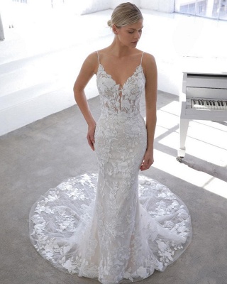 Simple Style Spaghetti Strap V Neck Applique Detachable Skirt Lace Sheath Wedding Dresses_4