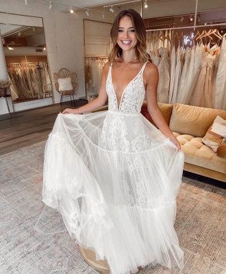 Simple Straps V Neck Applique A Line Wedding Dresses | Tulle Bridal ...