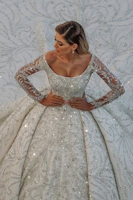 Glamorous Off The Shoulder Backless Long Sleeve Crystal Sequin Ball Gown Wedding Dresses_1