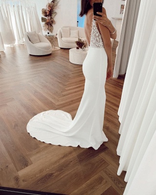 Sexy Straps Deep V Neck Applique Mermaid Wedding Dresses | Backless Bridal Gown_2