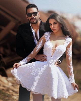 Long Sleeve Lace A Line Short Mini A Line Wedding Dresses_2