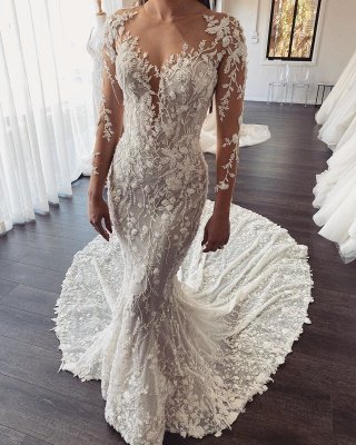Elegant Jewel Long Sleeve Illusion Back Lace Floral Fitted Mermaid Wedding Dresses_3