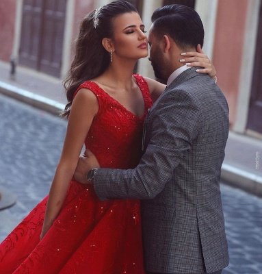 Red Straps Sweetheart Sequin Ball Gown Prom Dresses | Crystal Lace Evening Dresses_3