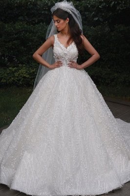 Elegant Straps V Neck Backless Floral Crystal Pleated Ball Gown Wedding Dresses_1