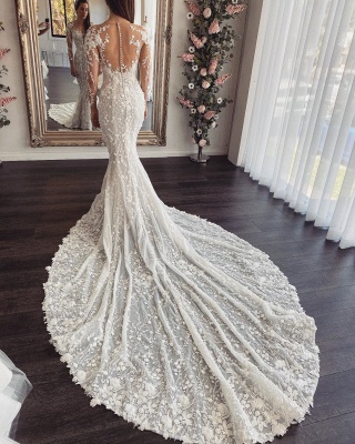 Elegant Jewel Long Sleeve Illusion Back Lace Floral Fitted Mermaid Wedding Dresses_4