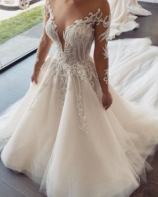 Sexy Jewel Nude Illusion Back Long Sleeve Lace Pleated A Line Wedding Dresses_2