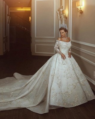Long Sleeve Off The Shoulder Sweetheart Applique Crystal Ball Gown Wedding Dresses_4
