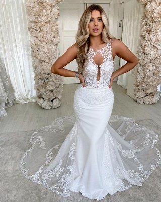 Sexy Jewel  Sleeveless Lace Backless Mermaid Wedding Dress_2