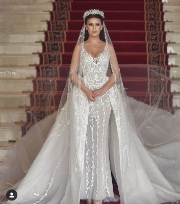 Elegant Sleeveless Ivory Lace Ruffles A-Line Wedding Dresses_5
