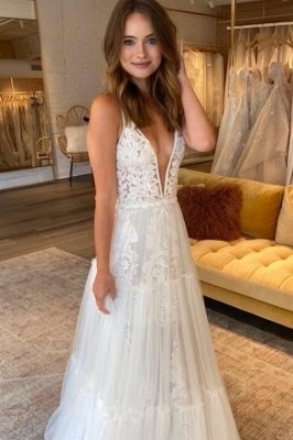 Simple Straps V Neck Applique A Line Wedding Dresses | Tulle Bridal Gown_1
