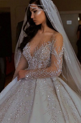 Luxury Jewel Long Sleeve Crystal Beaded Pleated Ball Gown Wedding Dresses_2