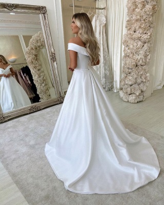 Off The Shoulder Sweetheart Backless A Line Stain Court Train Wedding Dresses_3