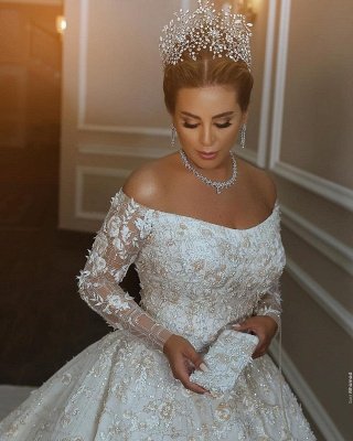 Long Sleeve Off The Shoulder Sweetheart Applique Crystal Ball Gown Wedding Dresses_3