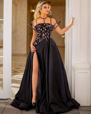 Strapless Sleeveless Site Slit Peated  Crystal A Line Prom Dress_2
