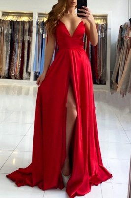 Sexy Red Straps V Neck Side Slit Pleated Floor Length A Line Prom Dresses_1