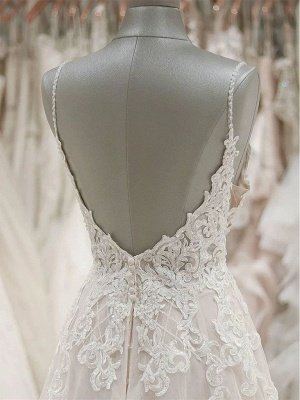 V Neck Spaghetti Strap Lace Wedding Dresses | A Line Wedding Gown_3