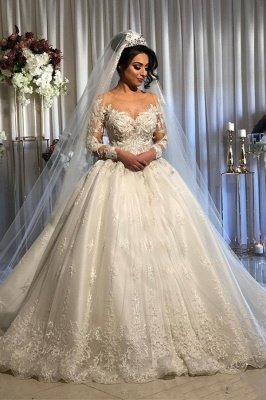 Jewel Lace Ball Gown Wedding Dresses with Long Sleeves | Yesbabyonline.com