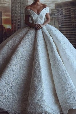 Gorgeous Sweetheart V Back Off The Shoulder Crystal Sequin Applique Pleated Ball Gown Wedding Dresses_1