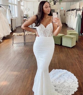 Spaghetti Strap Sweetheart Lace Fitted Mermaid Wedding Dresses_2