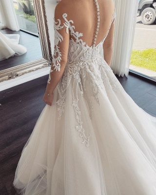 Sexy Jewel Nude Illusion Back Long Sleeve Lace Pleated A Line Wedding Dresses_3