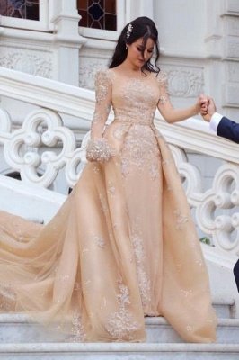 Gorgeous Long Sleeve Applique Detachable Skirt Sheath Wedding Dresses_1
