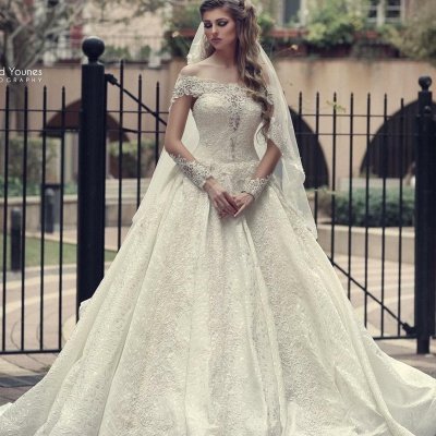 Off The Shoulder Lace A Line Wedding Dresses | Long Sleeve Wedding Gown_2