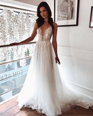 Straps Deep V Neck Applique Pleated Summer Beach Tulle A Line Wedding Dresses_2