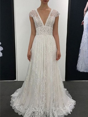 Vintage Deep V-neck Backless Lace Floor-length A-Line Wedding Dress_1