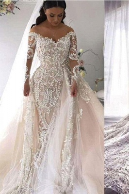 Gorgeous Long Sleeve Lace Mermaid Wedding Dresses | V Neck Wedding Gown With Detachable Train_1