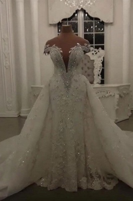 Luxury Sheer Jewel Cap Sleeve Applique Beading Mermaid Wedding Dresses With Detachable Skirt_1