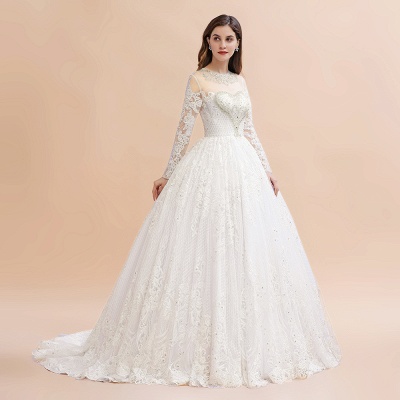 Long Sleeve Jewel Applique A Line Wedding Dresses | Crystal Wedding Gown_6