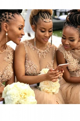 Champagne Jewel Applique Pearls A Line Bridesmaid Dresses For Wedding_3