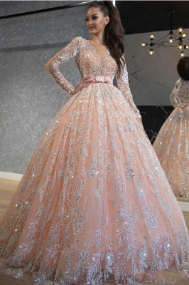 Pink Long Sleeve Jewel Applique Ball Gown Wedding Dresses_1