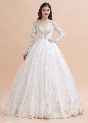 Long Sleeve Jewel Applique A Line Wedding Dresses | Crystal Wedding Gown_1