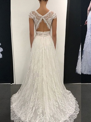 Vintage Deep V-neck Backless Lace Floor-length A-Line Wedding Dress_2