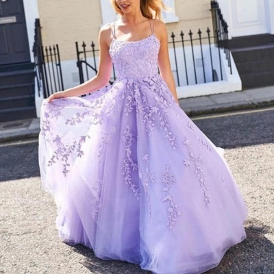 Modest Long Tulle Appliques Lace Backless A-line Prom Dress_2