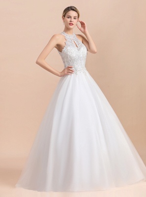 A Line Lace Chiffon Halter White Wedding Dresses Sleeveless_9