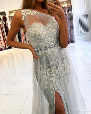 Unique Long One Shoulder Mermaid Prom Dress with Side Split Tulle Train_4