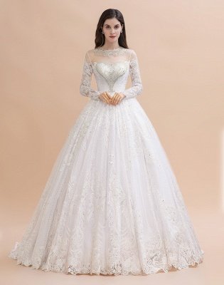 Long Sleeve Jewel Applique A Line Wedding Dresses | Crystal Wedding Gown_2