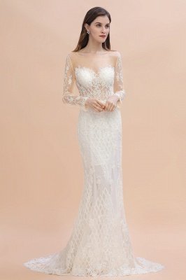 Long Sleeve Jewel Applique A Line Lace Wedding Dresses_5